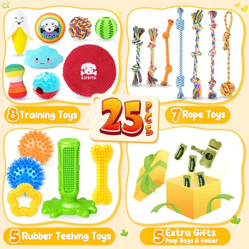 KIPRITII 25 Pack Various Dog Toys Set – Ideal for Teething, Entertainment & Interactive Play, Includes Puppy Toys, Rope Toys, Treat Balls and Squeaky