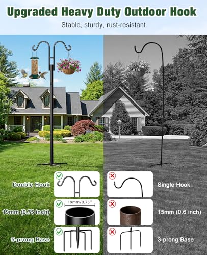 Double Shepherds Hooks, 76 Inch Bird Feeder Pole with 5-Prong Base, 3/4 Inch Thick Heavy Duty Adjustable Garden Hooks for Hanging Plants, Hummingbird