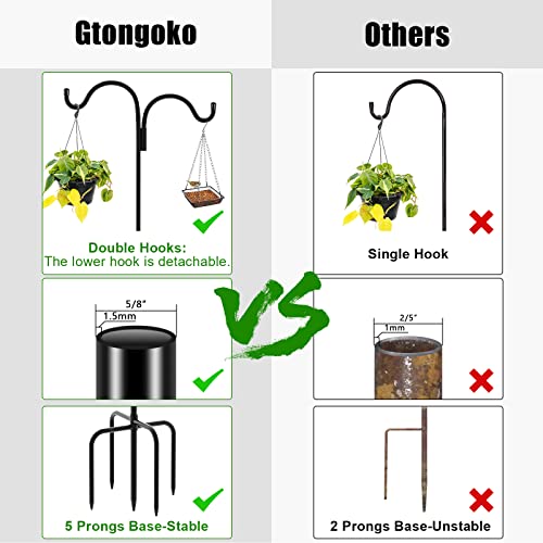 Gtongoko Double Shepherds Hook for Outdoor, 92 Inch Bird Feeder Pole with 5 Prongs Base, 5/8 Inch Thick Heavy Duty Adjustable Garden Hook for Hanging