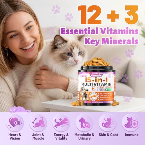 Taurine for Cats Vitamins Treats, 15 in 1 Cat Multivitamin Support Joint, Skin Coat, Digestion, Immunity & Energy, 500 Crunchy & Creamy Chews with