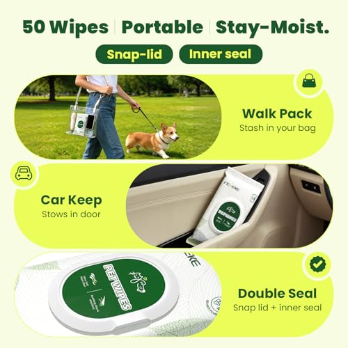Unscented Dog Wipes & Cat Wipes (4x50 Packs) | Hypoallergenic, pH Balanced for Paws, Body, Eyes & Ears Grooming |All-Natural Plant Fiber Wipes with