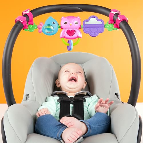 Bright Starts Busy Birdies Carrier Toy Bar Musical Take-Along Toy with Lights, Ages Newborn +, Pink
