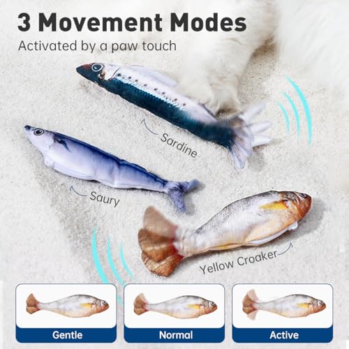 Petgravity Bite-Sized Realistic Flopping Fish Cat Toys, 3 Pack, Interactive Cat Toys for All Breeds, Tap-Activated 3 Flapping Mode