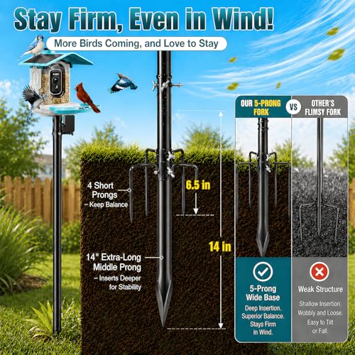 Heavy Duty Bird Feeder Pole - 75" Adjustable Birdhouse Stand Outdoor, Anti-Tip Stakes & Stable Mount for Smart Camera Birdfeeder,Bluebird House, Bird
