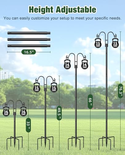 Double Shepherds Hooks, 76 Inch Bird Feeder Pole with 5-Prong Base, 3/4 Inch Thick Heavy Duty Adjustable Garden Hooks for Hanging Plants, Hummingbird