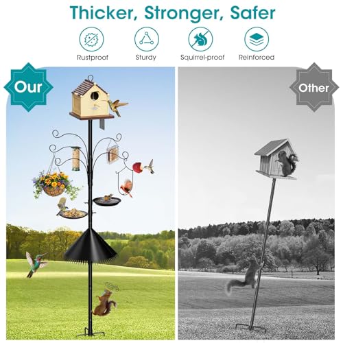 108 Inch Bird Feeder Pole Squirrel Proof, Heavy Duty Bird House Pole, Adjustable Bird Feeder Stand with 5 Shepherds Hooks, 2 Mental Trays