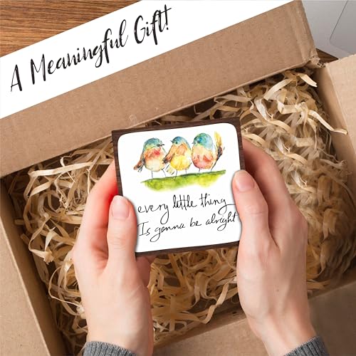 4" Bird Decor - Every Little Thing Is Gonna Be Alright - Spring Decor Watercolor Adorable Birds, Positive Quotes Wooden Plaque Desk Decor, Uplifting