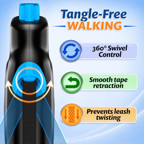 16.4 ft Retractable Dog Leash for Dogs 10–100 lbs - Heavy Duty Tape Leash with Strong Nylon Tape - 360° Swivel Control - One-Click Brake & Lock