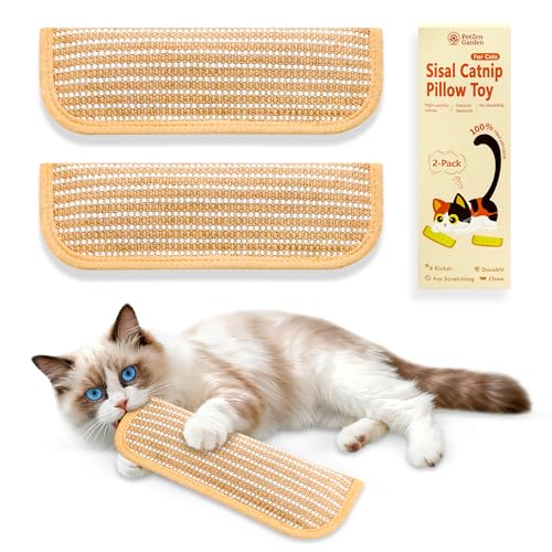 Sisal Catnip Pillow Toy Kickers, 2 Pack Interactive Catnip Toys with Organic 8000mg Herbal Blend for Indoor Scratching, Chewing & Teething, Fun for