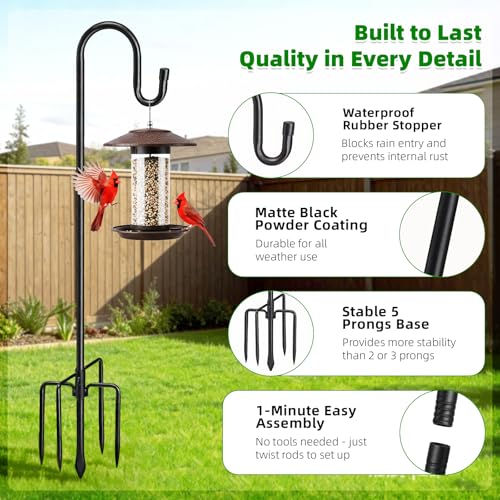 COCONUT 78" Heavy Duty Shepherds Hooks for Outdoor, Bird Feeder Pole with 5 Prong Base, Adjustable Height Shepherds Hook for Hummingbird Feeder, Bird