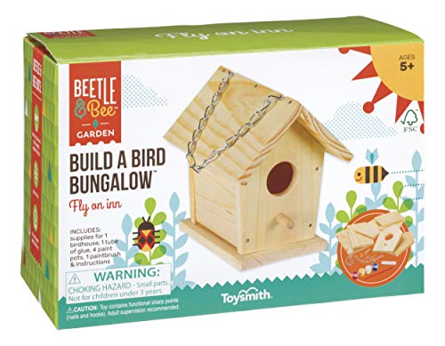 Beetle & Bee Build A Bird Bungalow - DIY Kid Art Craft Outdoor Birdhouse Kit, House Painting Kit for Kids, Hardware Glue Included- 4 Paints, 1 Brush