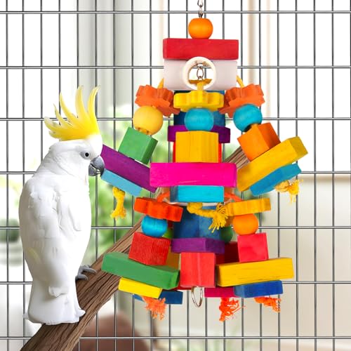 Kyouki Large Parrot Toy, Bird Toys for Cockatoos,Macaws, African Grey,  Parrots,Conures, Lovebirds, Multicolored Natural Wooden Blocks Chewing Toys