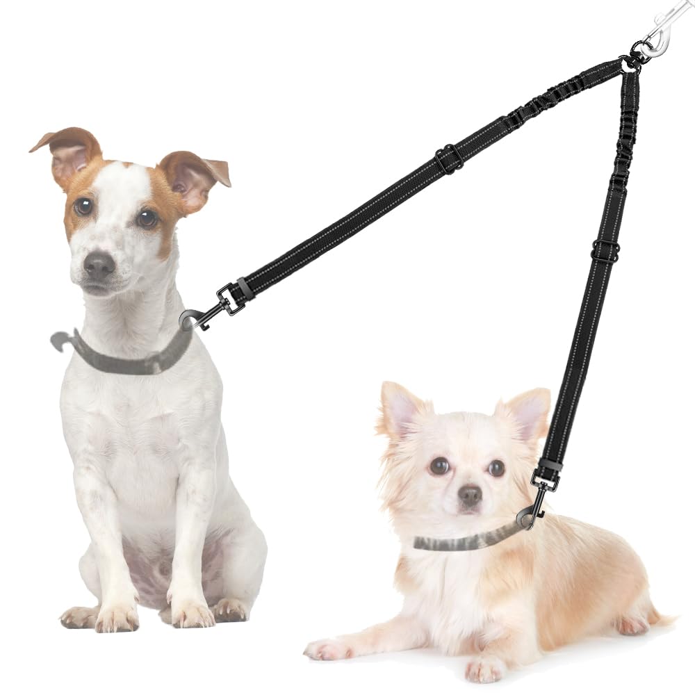 AUTOWT Double Dog Leash, No Tangle 360°Swivel Rotation Reflective Lead Attachment Adjustable Length Dual Two Dogs Lead Splitter, Comfortable Shock