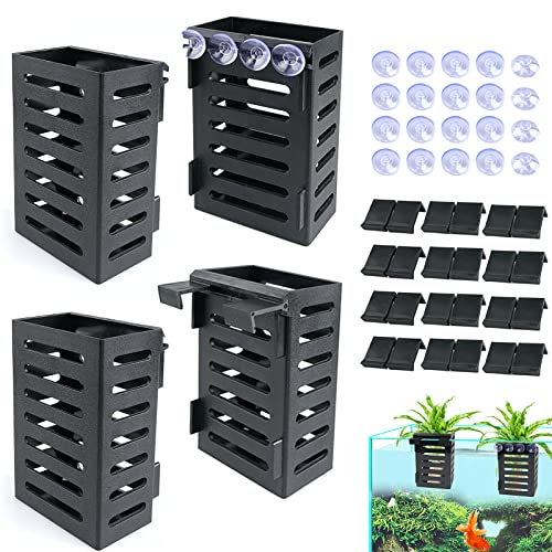 Aquarium Plant Holder 4 PCS Aquatic Plant Pot with 24 Hooks and 20 Suction Cups for Fish Tank Aquarium Planter and Aquascape Decorations (Black)