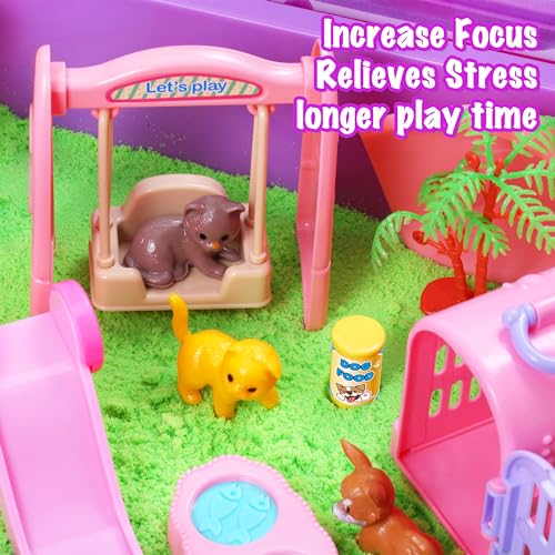 Carolart Pet Sensory bin,Dog and Cat Sandbox for Kids,Kids Play Sand Kit,Pet Play Set with Sensory Sand,Pet Care Play Set,Role Pretend Play Beach Toy