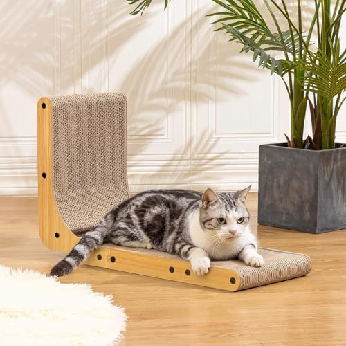 Poils bebe L Shape Cat Scratcher, 26.8 Inch Cat Scratchers for Indoor Cats, Protecting Furniture Cat Scratch Pad, Cardboard Cat Scratching with Ball