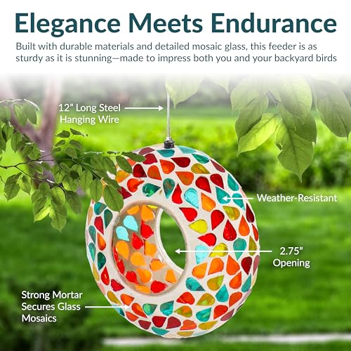 Sunnydaze 6-Inch Glass Mosaic Hanging Bird Feeder for Outdoors - Fly-Through Glass Bird Feeder for Cardinals, Jays, Finches and More - Confetti Mosaic