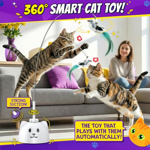 Interactive Cat Toys for Indoor Cats: Upgraded 360° Automatic Spin Flying Bird Feather Wand with Silicone Protected Rod Safe Play, Strong 8cm Suction