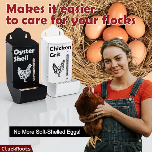CluckRoots Chicken Grit and Oyster Shell Feeder Combo, No-Spill Weatherproof Heavy-Duty Design, Lift-Off Wall-Mounted Metal Dispenser w/View Window