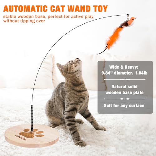JXFUKAL Interactive cat Toy, Automatic Cat Wand Toy with Stable Wooden Base, 2 PCS Detachable Cat Teaser, 5PCS Refills Replacement & Hanging Elastic