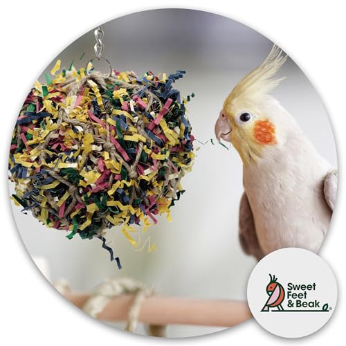 3” Super Shredder Ball Bird Toy - Fun Foraging Toys for Birds w/ Colorful Paper & Wooden Treasures - Easy to Hang Shredding Toys for Birds - Bird
