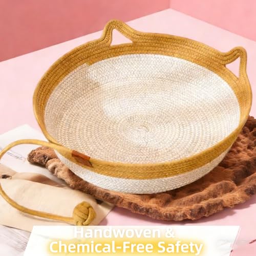 Large Stimulicat Cat Bed Rope Cotton with Cushion, Eliminates Bed Rejection Round Pet Basket, Boho Catbed for Cats Handwoven Scratchable Breathable
