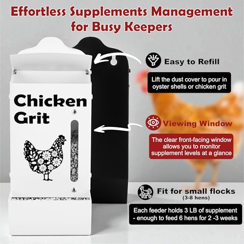 CluckRoots Chicken Grit and Oyster Shell Feeder Combo, No-Spill Weatherproof Heavy-Duty Design, Lift-Off Wall-Mounted Metal Dispenser w/View Window