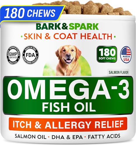 BARK&SPARK Omega 3 for Dogs and Cats-180 Fish Oil Treats for Dogs & Cats Shedding, Skin Allergy, Itch Relief, Hot Spots Treatment-Joint Health-Skin