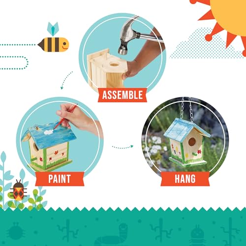 Beetle & Bee Build A Bird Bungalow - DIY Kid Art Craft Outdoor Birdhouse Kit, House Painting Kit for Kids, Hardware Glue Included- 4 Paints, 1 Brush