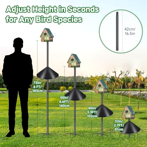 Smart Bird Feeder Pole with Squirrel Baffle & Bath-Heavy Duty Adjustable 3-6.6ft Universal Stand Mount for Backyard&Outdoor Bird Houses/Cameras (80"
