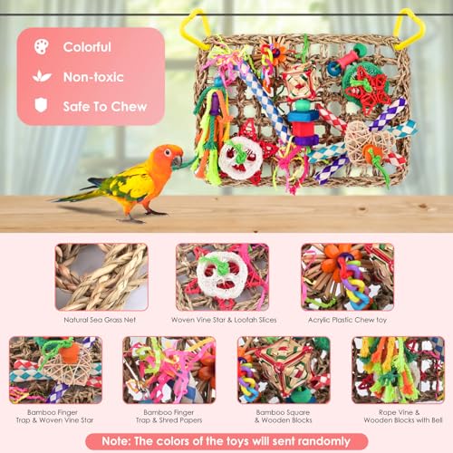 KATUMO Bird Toys, Bird Foraging Wall Toy, Edible Seagrass Woven Climbing Hammock Mat with Colorful Chewing Toys, Suitable for Lovebirds, Finch