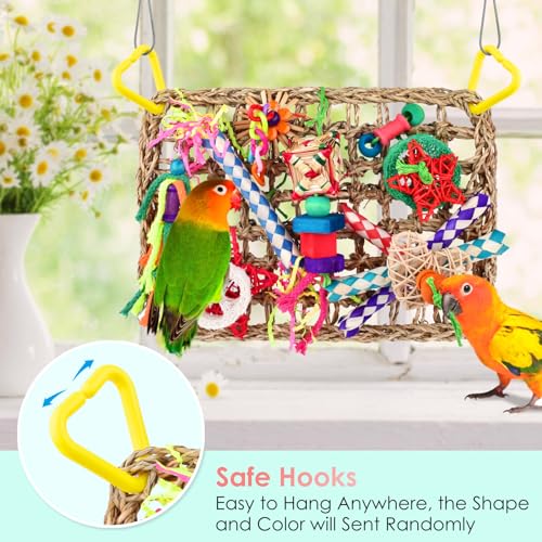 KATUMO Bird Toys, Bird Foraging Wall Toy, Edible Seagrass Woven Climbing Hammock Mat with Colorful Chewing Toys, Suitable for Lovebirds, Finch