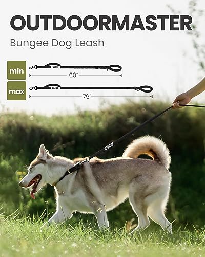 OutdoorMaster Bungee Dog Leash, Heavy Duty Dog Leash with Shock Absorption, 2 Padded Handles Training Leash, Improved Dog Safety and Comfort - Black