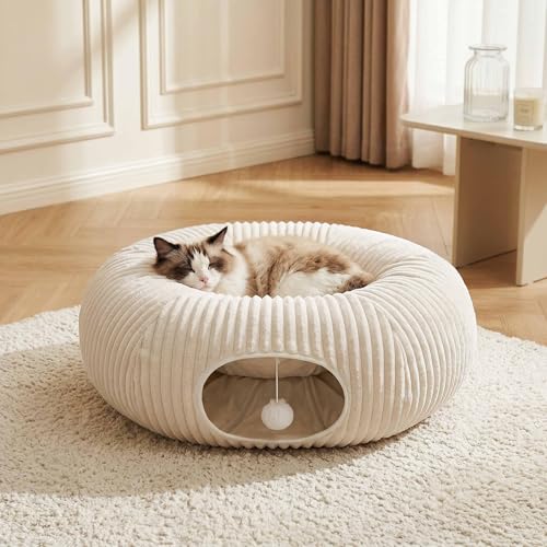 Cat Tunnel Bed with 40 Pcs Interactive Cat Toys, Cat Tube with Kitten Toys for Indoor Kittens, Collapsible Play Tunnel, White