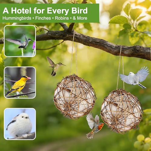 winemana Bird Nesting Material Holder for Hummingbirds, 3 Pack Natural Nesting Balls with Cotton Fibers for Wild Birds Outdoor Hummingbird House Gift