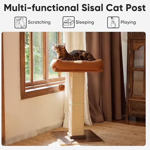 FUKUMARU Cat Scratching Post, Retro-Style Tall Scratch Posts with Perch for Infoor Cats Adults, Large Cat Scratcher Tower with Bed, Natural Sisal