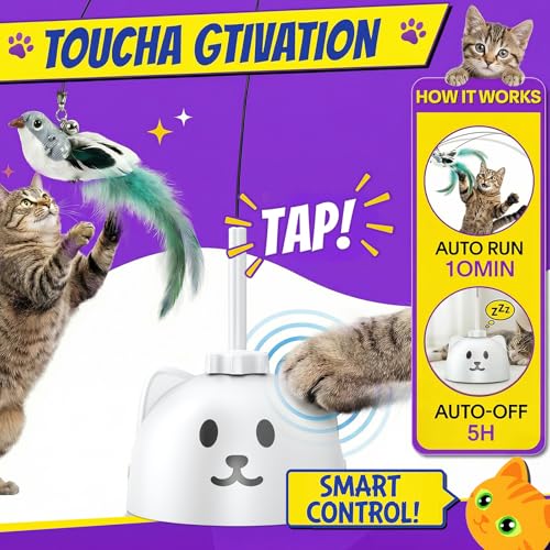Interactive Cat Toys for Indoor Cats: Upgraded 360° Automatic Spin Flying Bird Feather Wand with Silicone Protected Rod Safe Play, Strong 8cm Suction