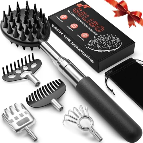 Gelibo Telescoping Large Back Scratcher with 5 Detachable Heads,Rubber Handles Gifts for Him, Gifts for Men, Extendable Back Massager Tool with