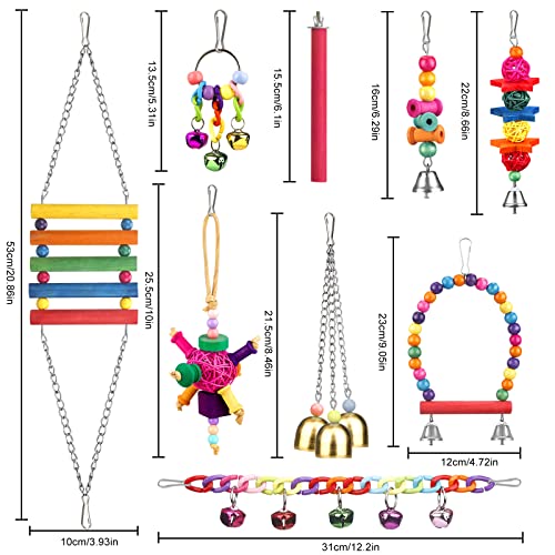Bird Toys for Conures with Colorful Ladder Hammock Bird Cage Accerious Bird Perch Stand Chewing Toys Hanging Bell for Parrot Parakeet Cockatiel