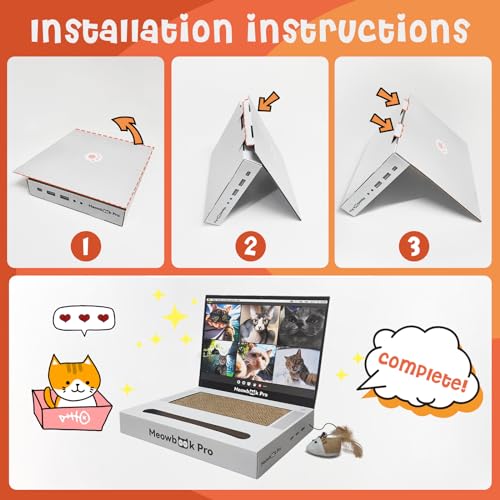 Cat Scratcher Laptop Cat Toy with 'Mouse' Jingle Ball, Stickers, 3-in-1 Cardboard Cat Interactive Toy, Kitten Cardboard Scratching Pad