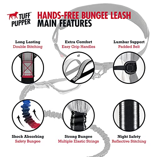 Tuff Pupper Heavy Duty Hands Free Dog Leash | One Large Dog Up to 125 lbs | Comfortable Shock Absorbing Bungee | Reflective Padded Handles | Lumbar