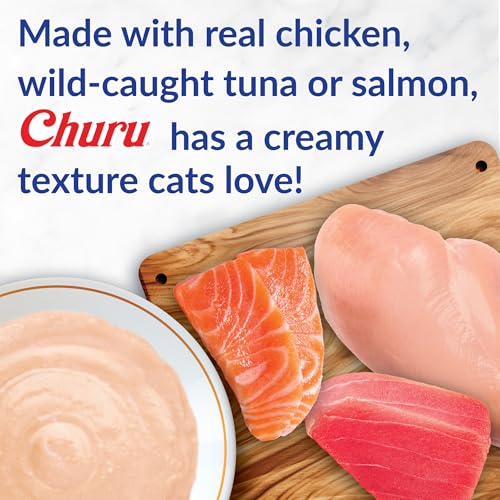 INABA Churu Cat Treats, Lickable, Squeezable Creamy Purée Cat Treat with Green Tea Extract & Taurine, 0.5 Ounces Each Tube, 50 Tubes, Tuna & Chicken