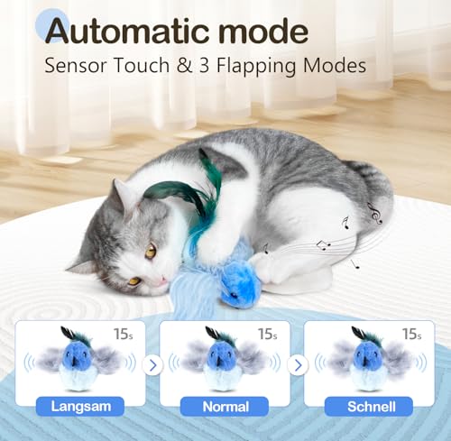 Migipaws Interactive Flapping Bird Cat Toys with Rod, clamp, Elastic String and Catnip, Automatic Chirping Toys for Indoor Cats to Chase, Hanging