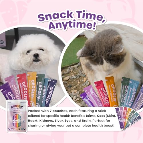 Choolip Squeeze Vita Stick Lickable Cat and Dog Treats – 7-Count Variety Pack – Creamy Puree with Multivitamins for Joints, Skin, Heart, Kidney