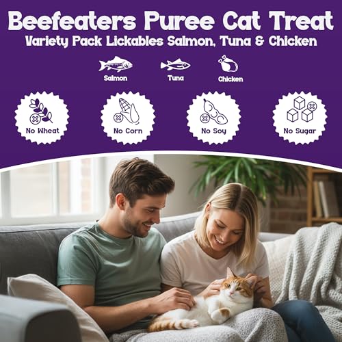 Beefeaters wet cat treats lickable 48 Count Puree Variety Pack - Salmon Tuna Chicken for Hydration & Training, Grain Free Taurine Enriched High