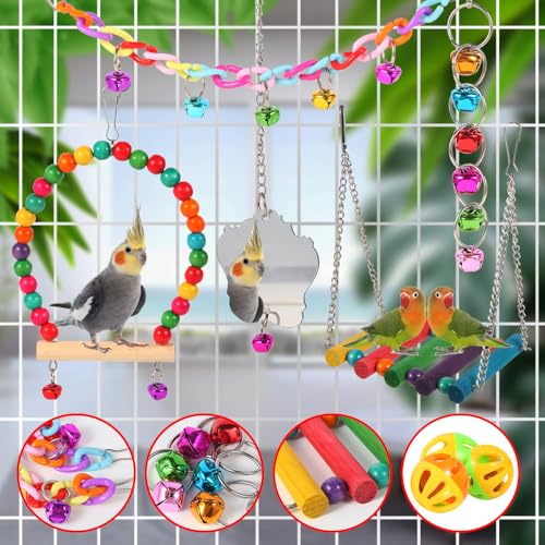 Bird Toys for Parakeets, Parrots, Conures, Cockatiels, Love Birds, Finches, Mynah, Budgerigar - 9Pcs Wooden Ladder Bridge, Swing, Hammock, Cage