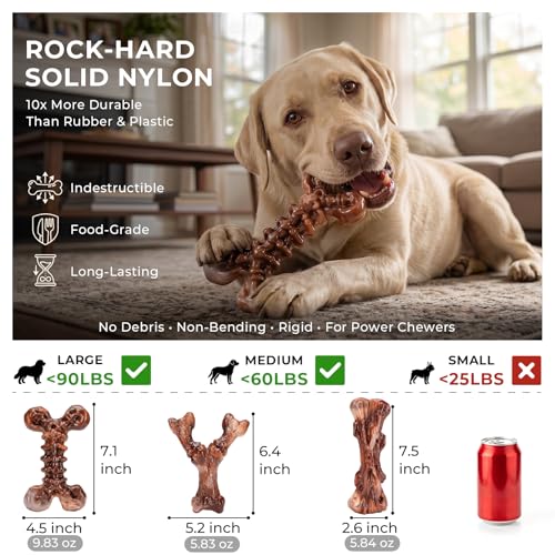 Kseroo 3-Pack Indestructible Dog Chew Toys for Aggressive Chewers: Bacon Flavored Rock-Hard Solid Nylon, Tough Dog Bones for Medium/Large Dogs