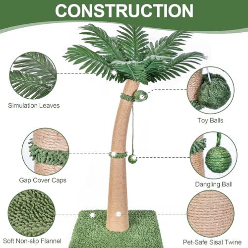 40'' Tall Cat Scratching Post Cat Tree, Curved Design Cat Scratcher Post with 3 Interactive Balls, Natural Sisal Rope Cat Scratching Posts for Indoor