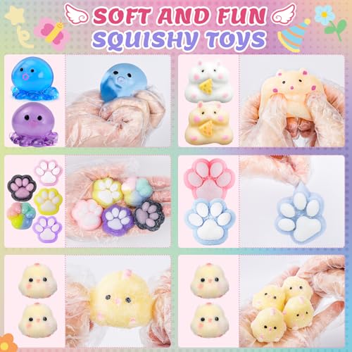 20Pcs Taba Squishy Pack Fidget Toys, Include Squishies Chick, Cat Paws, Hamster, Strawberry Toys, Sensory Toys for Kids, Classroom Birthday Gifts