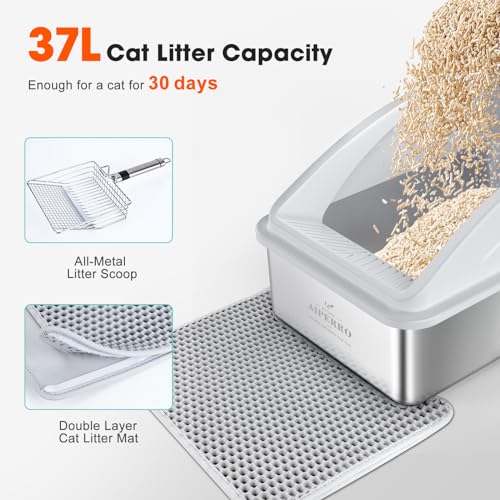 Stainless Steel Litter Box | XL Enclosed Cat Litter Boxes with Lid for Big Cats | High Sided, Anti-Urine Leakage | Non-Stick Bottom & Includes Litter